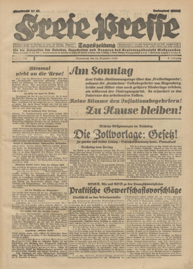 Schwarze und weiße Titelseite einer alten deutschen Zeitung mit einem ernst dreinblickenden Mann, der direkt in die Kamera schaut.
