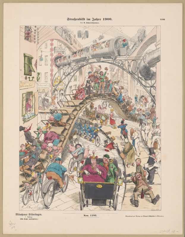 Ein altes Buch mit einer Zeichnung einer verzweifelten Menge an einem Bahnhof von 1900, umgeben von einem Photo-Rahmen, mit dem Text "Straßenbild im Jahre 1900" auf dem Papier.