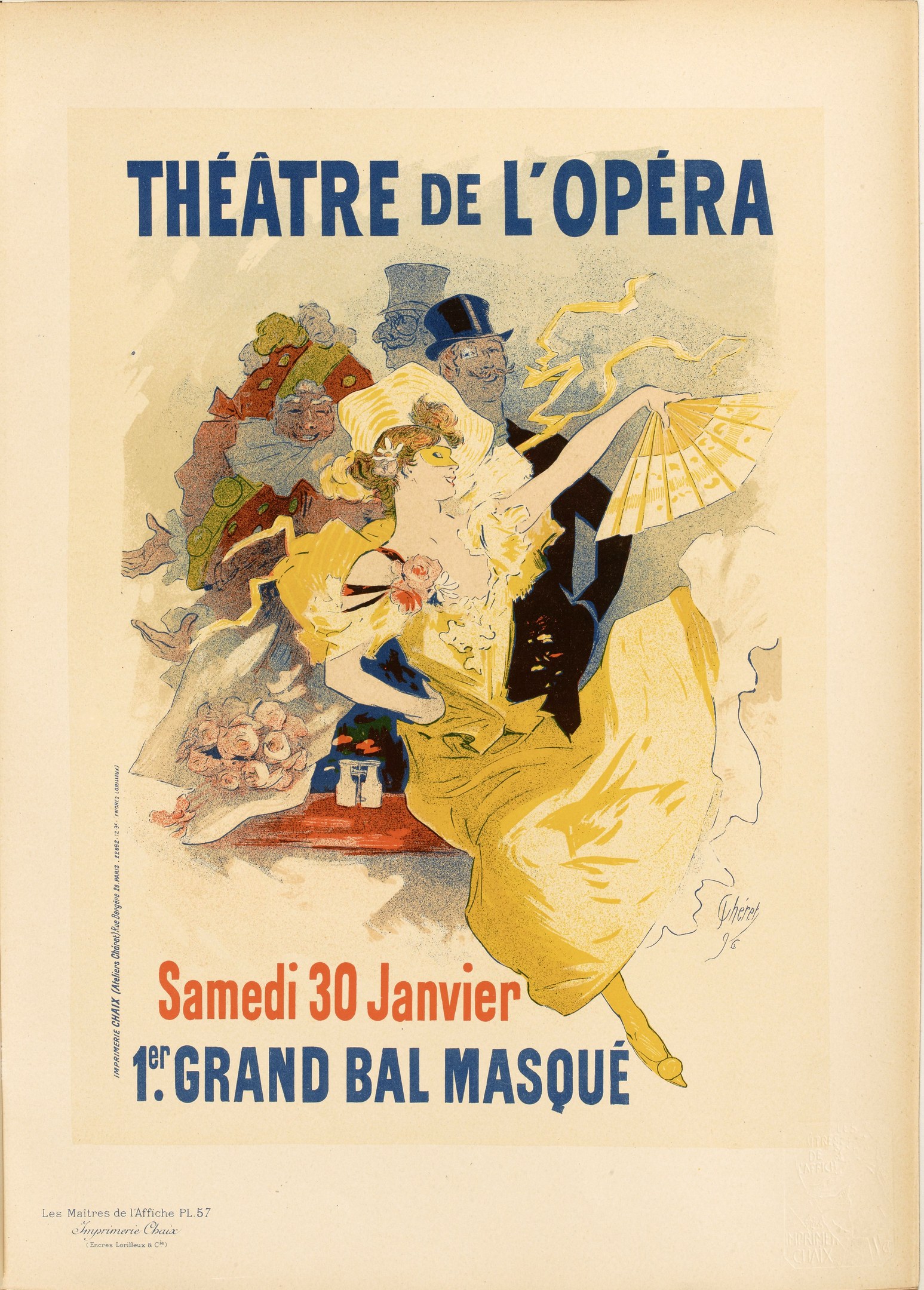 Plakat für das Théâtre de l'Opéra in Paris mit einer Frau in einem weißen Kleid mit einem blauen Schultertuch, ihre Haare zu einem Dutt gebunden, vor einem tiefblauen Hintergrund mit Sternen und schwarzer, fetter Schrift, die 'Theater der Oper' lautet.