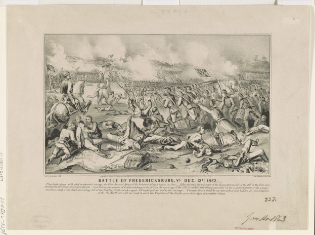 Ein Blatt Papier mit einer detaillierten Zeichnung der Schlacht von Fredericksburg, Virginia am 13. Dezember 1862, das ein chaotisches Bild von Menschen, Pferden und anderen Gegenständen zeigt, mit Text auf dem Papier.