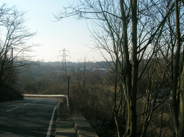 Eine Straße mit einer Barriere, Übertragungsmast, Stromkabel und Bäumen unter einem klaren Himmel.