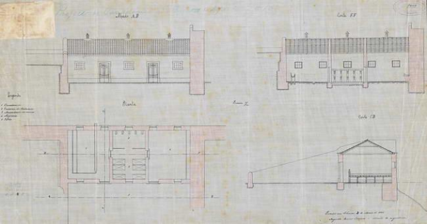 Ein detailliertes architektonisches Zeichnung eines mehrfenstrigen Gebäudes, das als Bauplan für eine neue Schule gilt, mit umfassenden Layoutdetails und Textanmerkungen.