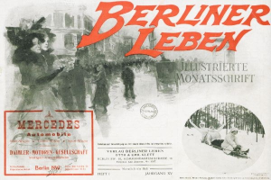 Anzeige für einen Mercedes-Benz in Berlin, Deutschland, mit Menschen, Bäumen, Gebäuden, Text und einem Stempel.