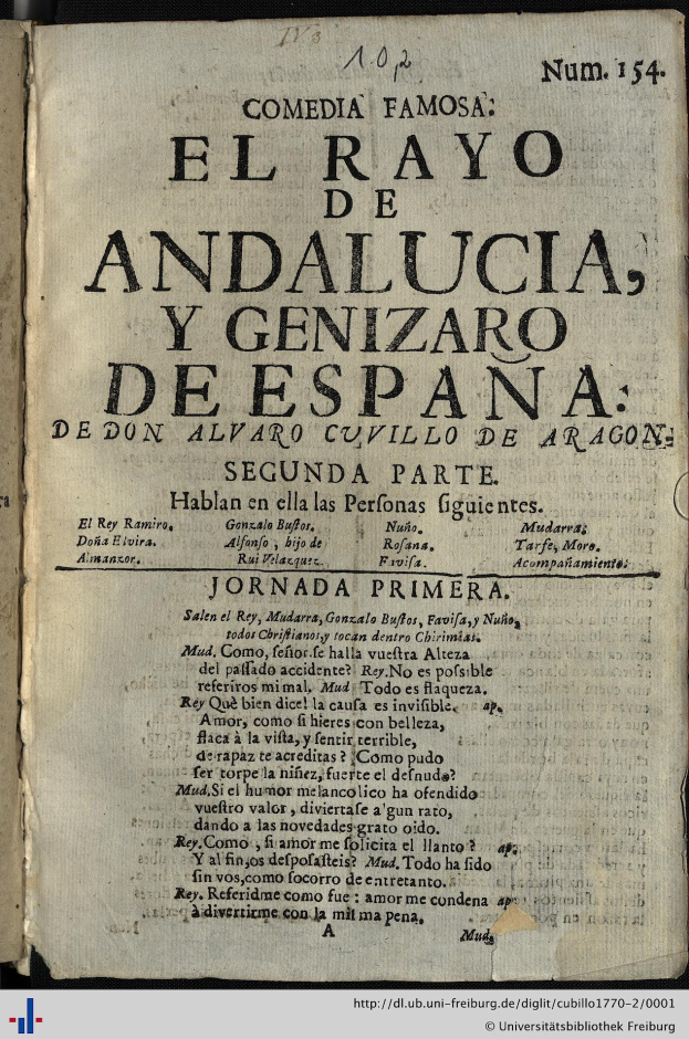 Ein aufgeschlagenes Buch mit dem Titel "El Rayo de Andalucia y Genizar de España" in fetter, schwarzer Schrift auf einem leicht vergilbten Papier.
