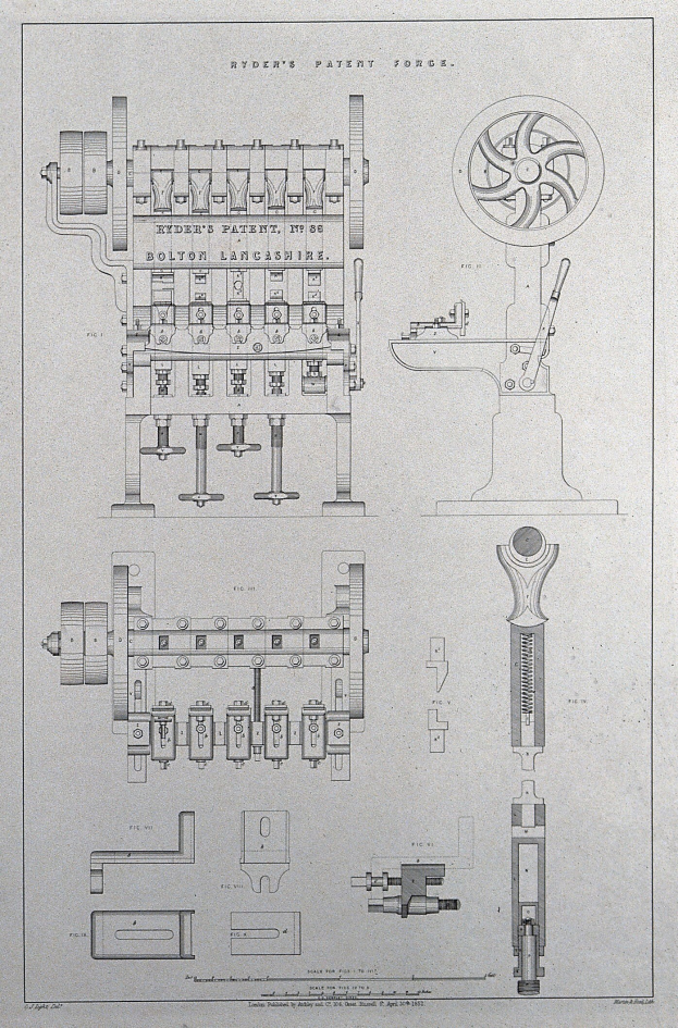 Schwarz-weiß-Zeichnung einer hydraulischen Pressmaschine mit einem großen Rad, begleitet von handgeschriebenem Patenttext.