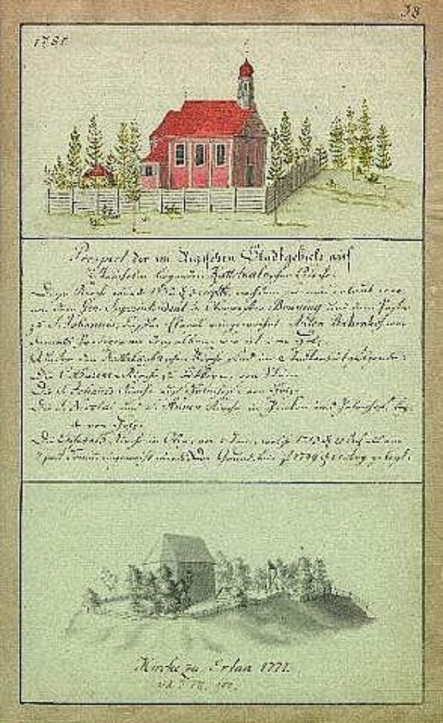 Altes Buch mit einer Illustration eines roten Hauses umgeben von Bäumen und einem Zaun, betitelt "Deutsche Schule in den Niederlanden, 1777".