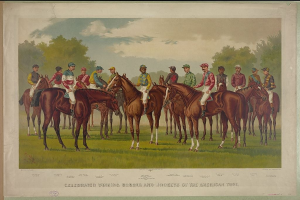 Gruppe von Menschen, die auf einem grünen Feld mit Bäumen und einem blauen Himmel reiten, mit Text unten: "Feier der siegreichen Pferde und Jockeys des amerikanischen Rennsports."