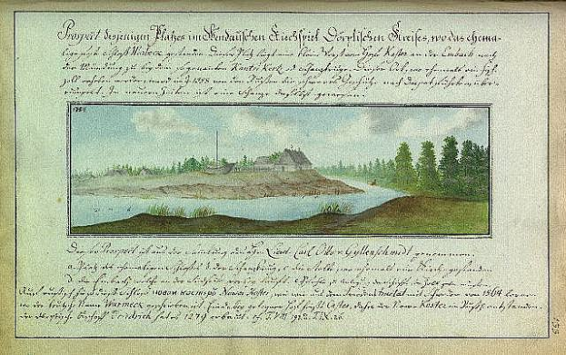 Ein altes Buch mit einer Zeichnung eines Flusses, eines Hauses, Bäumen, Gras und einem wolkenverhangenen Himmel, betitelt mit "Deutsche Landschaften, Landschaft und Landschaft Deutschlands, 18. Jahrhundert".