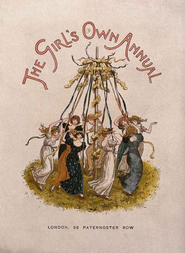 Illustration aus 'The Girl's Own Annual', die Menschen beim Tanzen um einen geschmückten Maibaum zeigt, die bunte Kleider und Bänder tragen.