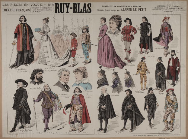 Ein Blatt Papier mit Fotos von lachenden Menschen in bunten, detaillierten Kostümen vom Ruy-Blas-Theater und begleitendem Text.