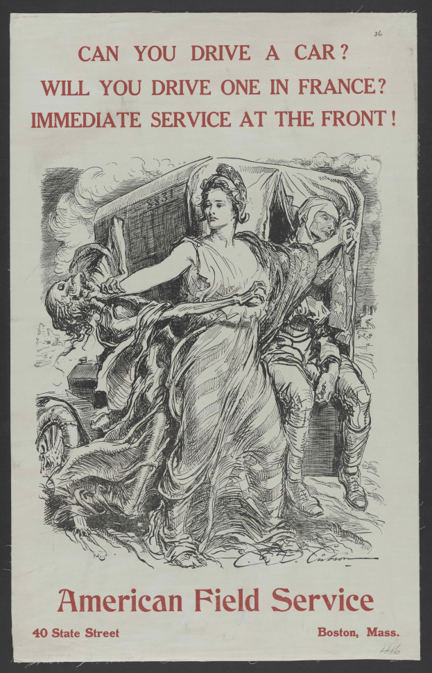 Ein Plakat mit schwarzem Hintergrund, das eine Frau und einen Mann zeigt, mit der Aufschrift "Können Sie ein Auto fahren? Werden Sie eines in Frankreich fahren? Sofortdienst vorne."