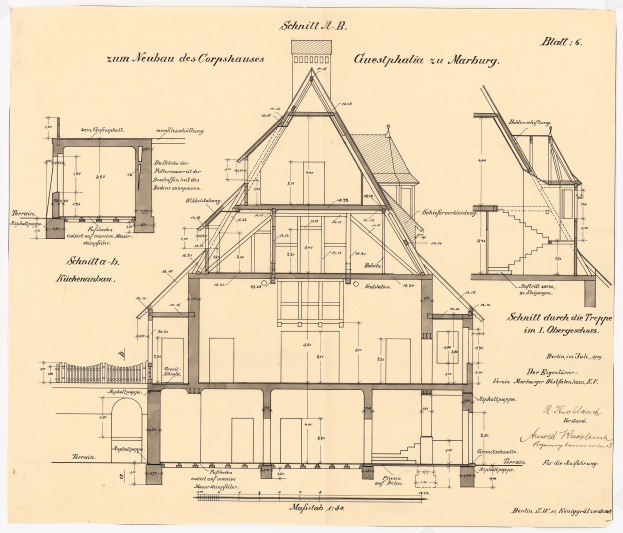 Eine detaillierte Zeichnung des ersten Hauses in Deutschland, das ein Haus mit zahlreichen Fenstern und einem Dach zeigt, begleitet von ausführlichen Plänen und Texten, die den Aufbau beschreiben.