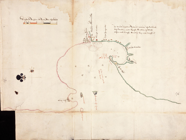 Ein altes Buch, das eine detaillierte Karte eines Flusses zeigt, einschließlich seiner Ufer, Nebenflüsse und umgebenden geografischen Merkmale, mit begleitendem Text, der weitere Informationen bereitstellt.