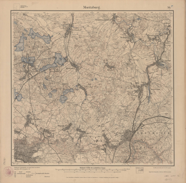 Ein altes topografisches Papierkart von Moritzburg, Deutschland, das detaillierte Geländedaten und Text zeigt.