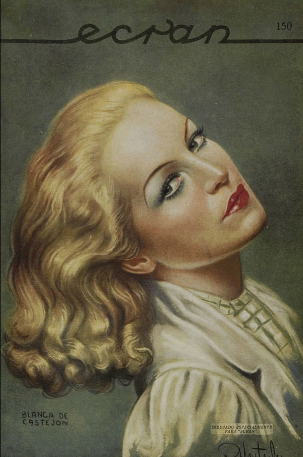 Eine Frau mit langen blonden Haaren im Stil der 1940er Jahre, die rote Lippe trägt und direkt in die Kamera schaut, ziert das Cover eines Magazins mit fetter Schrift.