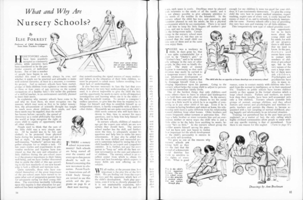 Ein aufgeschlagenes Buch mit einer Zeichnung von Kindern in einer Kita, begleitet von Text und einer Tabelle mit verschiedenen Gegenständen.