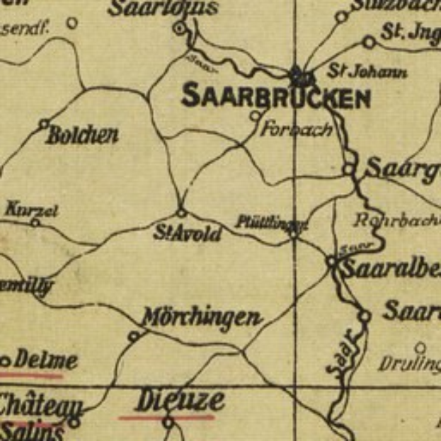 Alte Karte von Saarbrücken, Deutschland, zeigt Straßen, Gebäude und Sehenswürdigkeiten in einer klassischen Schriftart.