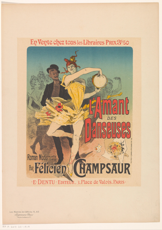 Ein Plakat, das eine Tanzveranstaltung in Paris ankündigt, zeigt einen Mann und eine Frau, die tanzen, wobei der Mann ein Musikinstrument hält und der Text die Veranstaltung bewirbt.