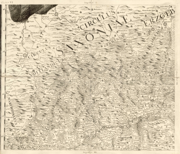 Ein altes Kartenbild von Sachsen, Deutschland, das geographische Merkmale wie Flüsse, Berge und Städte zeigt, mit begleitendem Text.