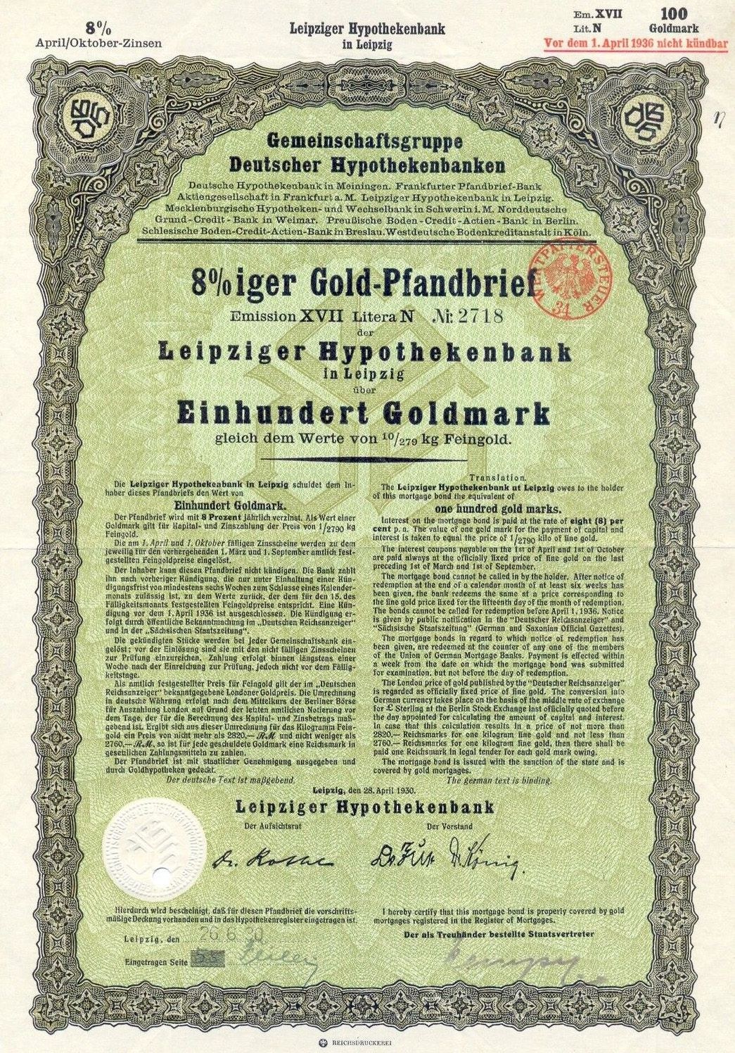 Altes grünes Wertpapier der Leipzig Hypothekbank mit gedrucktem Text und einem offiziellen Stempel.