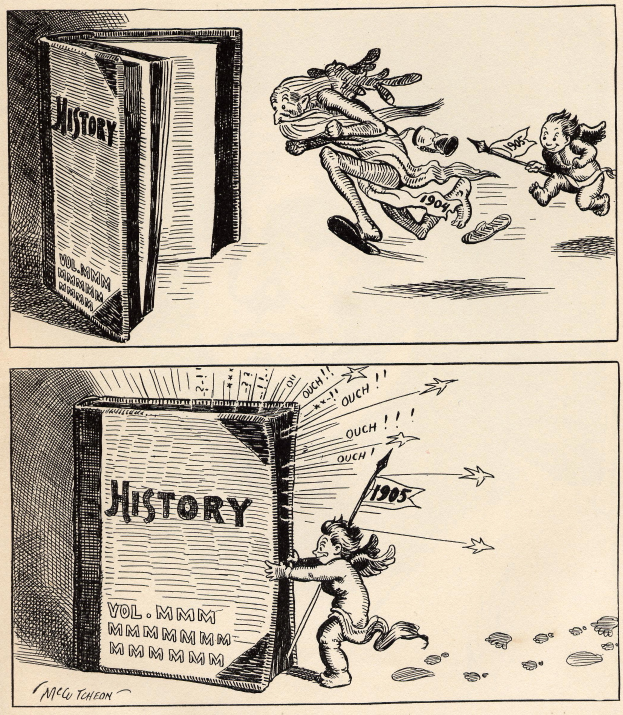 Eine Karikatur eines Mannes und einer Frau, die in Panik vor einem aufgeschlagenen Buch mit einem menschlichen Gesicht auf dem Cover weglaufen, Text in fetter Schrift.