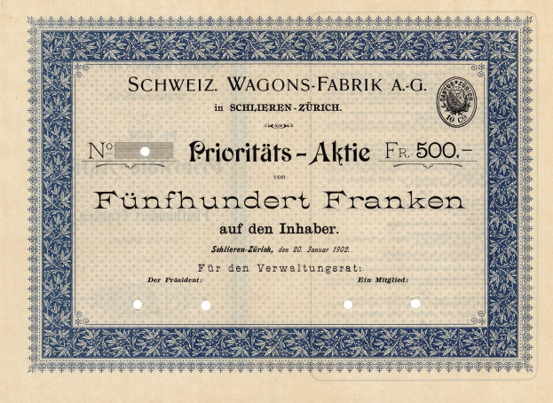 Ein altes deutsches Aktienzertifikat mit einem blauen Rand und der Inschrift "Schweiz Wagons-Fabrik A.G."