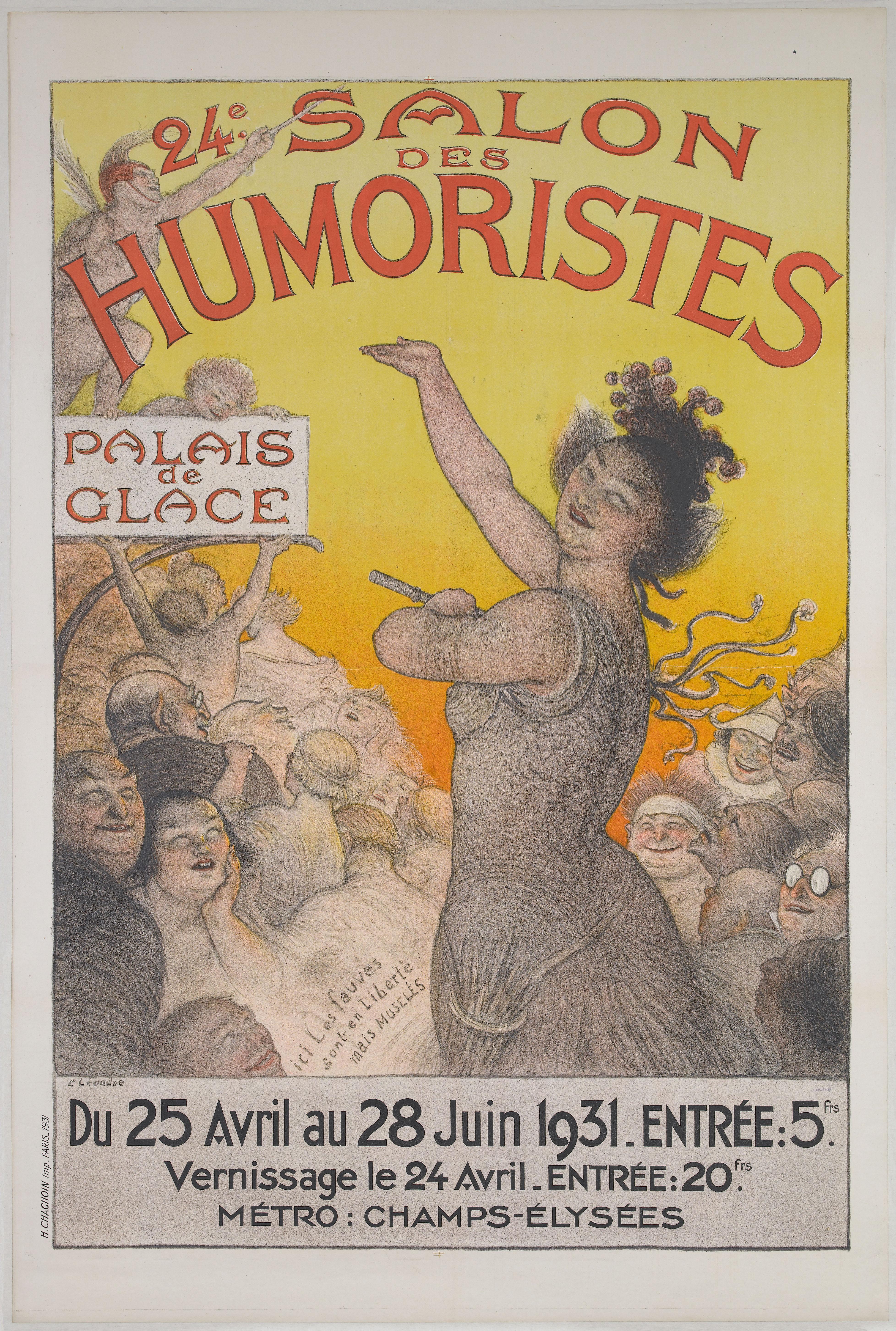 Ein Plakat für den Salon des Humoristes in Paris, das eine Frau mit einem menschlichen Gesicht zeigt, umgeben von einer Menge, mit Text, der das Ereignis beschreibt.