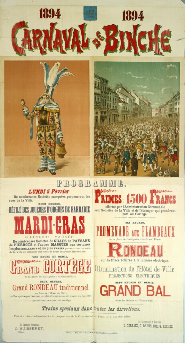 Ein altes Plakat, das ein Karnevalsfest in Banche, Frankreich, ankündigt und Illustrationen von Menschen, Gebäuden und Text enthält.