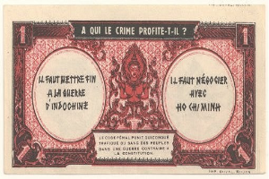 Französische Banknote mit ernstem Mann im Anzug vor weißem Hintergrund mit schwarzem Rand; Text lautet: "A qui le crime profite-il?"