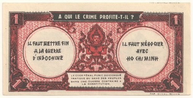 Französische Banknote mit ernstem Mann im Anzug vor weißem Hintergrund mit schwarzem Rand; Text lautet: "A qui le crime profite-il?"