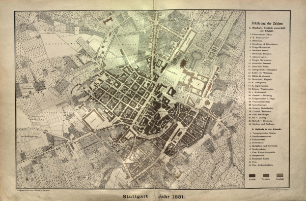 Alte detaillierte Karte von Stuttgart, Deutschland aus dem Jahr 1881 mit Textanmerkungen.