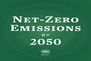 Weißer fetter Text auf einem grünen Hintergrund, der "netto-null-Emissionen bis 2050" anzeigt.