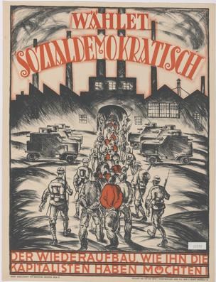 Deutsches Propagandaplakat der Nationalsozialistischen Deutschen Arbeiterpartei der Sowjetunion, das Menschen und Fahrzeuge in der Vordergrund zeigt, mit einem Gebäude im Hintergrund und der Aufschrift "Wahlet Sozialdemokratisch - der Wiederaufbau wiehn die kapitalisten haben mochten".