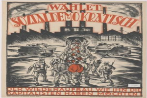 Deutsches Propagandaplakat der Nationalsozialistischen Deutschen Arbeiterpartei der Sowjetunion, das Menschen und Fahrzeuge in der Vordergrund zeigt, mit einem Gebäude im Hintergrund und der Aufschrift "Wahlet Sozialdemokratisch - der Wiederaufbau wiehn die kapitalisten haben mochten".