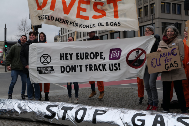 Gruppe von Menschen auf einer Straße mit einem "Stoppt Gas"-Schild, die gegen die Europäische Union protestieren, mit Gebäuden, Bäumen, Pfählen, Verkehrszeichen und einem klaren blauen Himmel im Hintergrund.