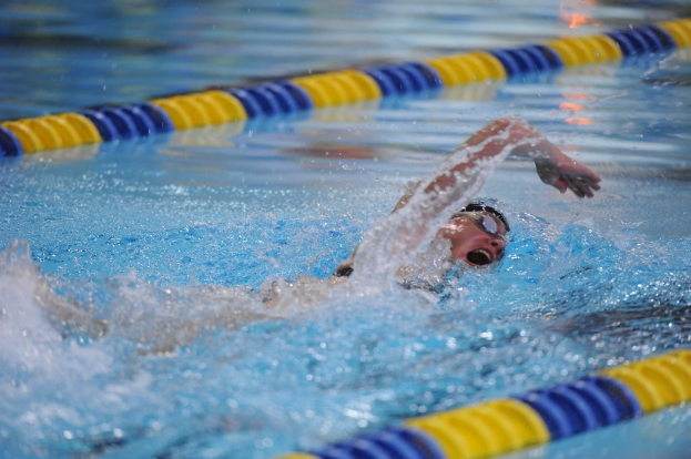 Eine Person schwimmt in einem Gewässer.