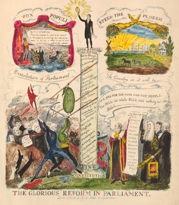 Eine farbenfrohe Papierillustration mit der Überschrift "Die glorreichen Reformen im Parlament", die mutige Schrift und verschiedene, lächelnde Menschen zeigt, die Hoffnung und Fortschritt symbolisieren.