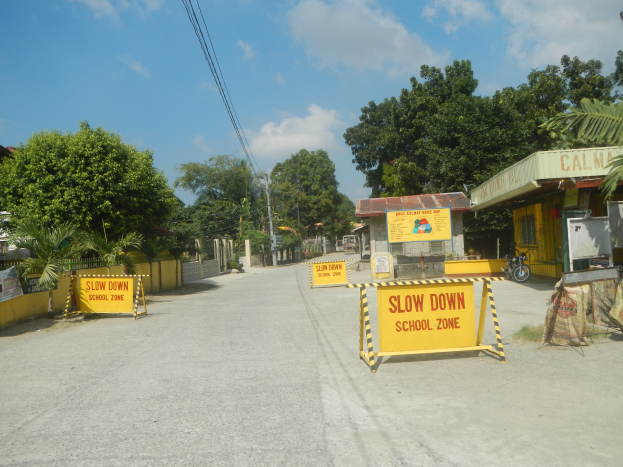 Eine Straße mit einem gelben "Verlangsamen Schulzone"-Schild, parkende Fahrzeuge auf der rechten Seite und ein Hintergrund mit Bäumen, Gebäuden, Polen, Drähten und dem Himmel.