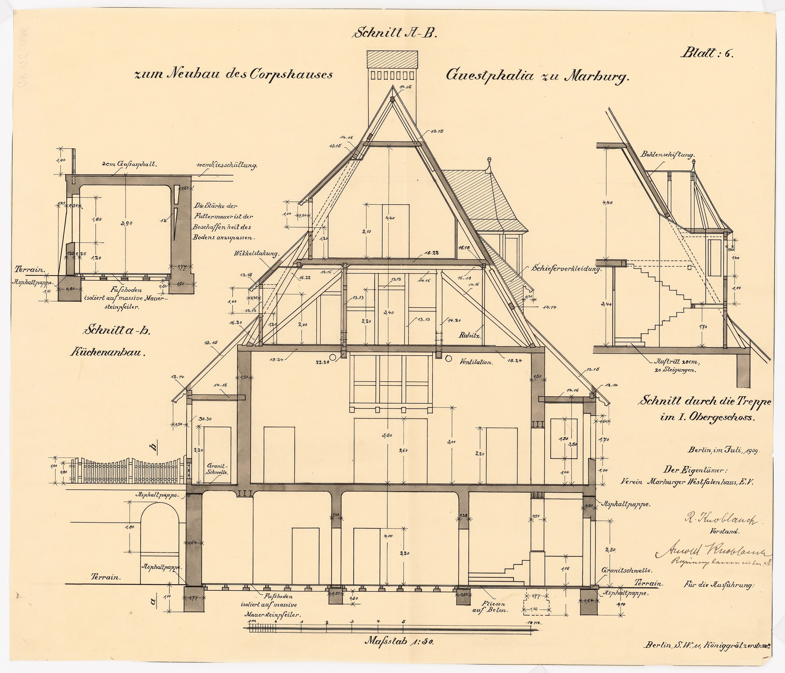 Ein detailliertes architektonisches Zeichnung eines Hauses mit zahlreichen Fenstern und einem Dach, das als erstes Haus in Deutschland gilt, begleitet von Text und konstruktiven Plänen auf Papier.