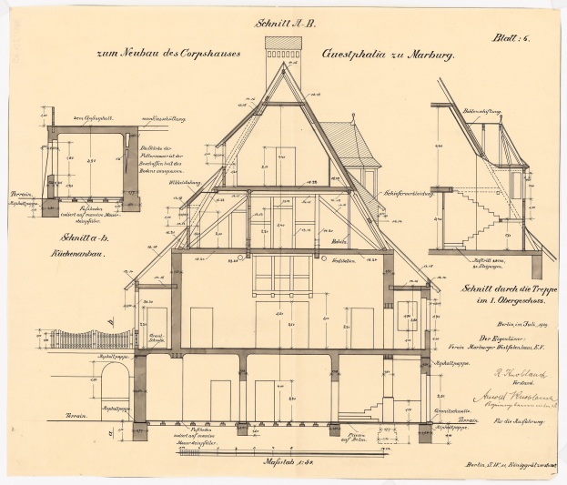 Ein detailliertes architektonisches Zeichnung eines Hauses mit zahlreichen Fenstern und einem Dach, das als erstes Haus in Deutschland gilt, begleitet von Text und konstruktiven Plänen auf Papier.